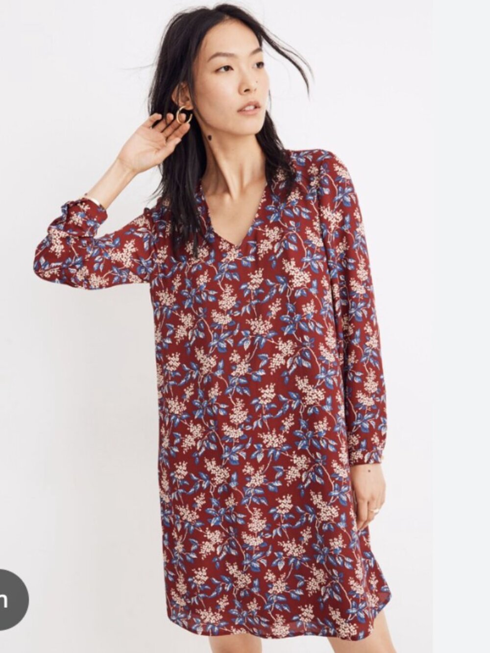 Madewell Button-Back Dress in Antique Flora Long Sleeve Loose Fit Burgundy sz XL
